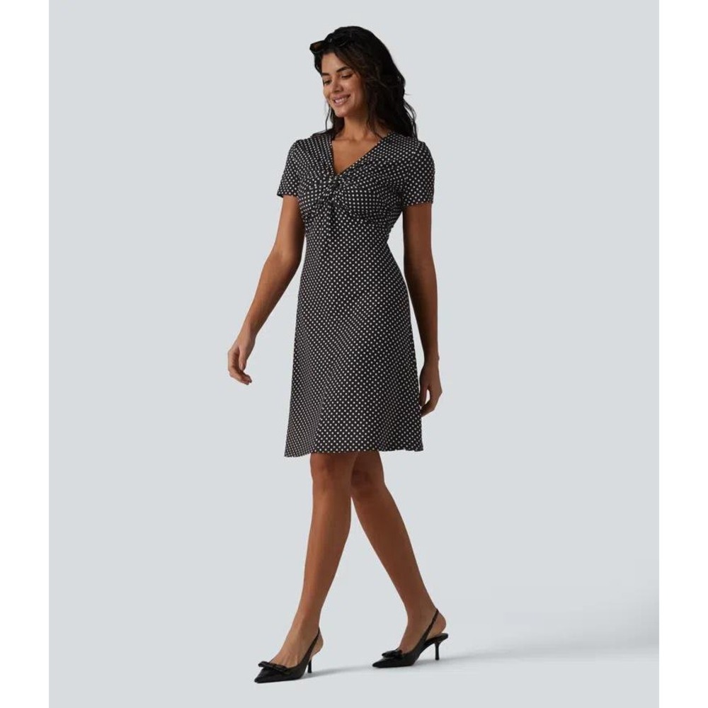 Halara Womens Polka Dot V-Neck Twist Front Short Sleeve Midi Dress Black White S